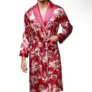 Red and gold dragon print silk robe and shorts 2 piece set